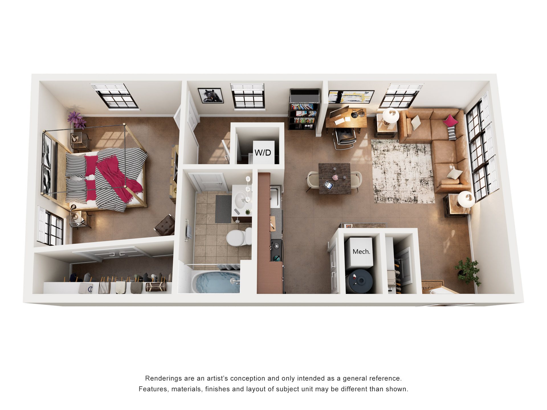 Floor plan for 1 bed, 1 bath, 690 sqft